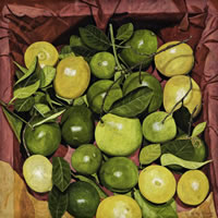 Limones con fondo rojo, 2011, oil on canvas 45 X 45 in