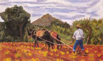 Empuñando el arado I, 1995, temper and oil on paper on canvas 12.4 x 20.5 in