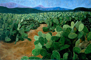 Nopalera con cielo azul, 2001, oil on canvas 40.2 x 60.6 in