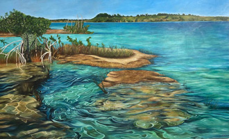 Estromatolitos en la laguna de bacalar con paisaje, 2021